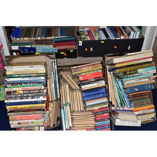 456 - FIVE BOXES OF BOOKS, hardbacks and paperbacks, subjects include cookery, history, Puffin and Pelican... 