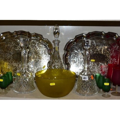 457 - A QUANTITY OF CLEAR AND COLOURED GLASSWARE AND TWO LATE 20TH CENTURY SILVER PLATED TRAYS, including ... 