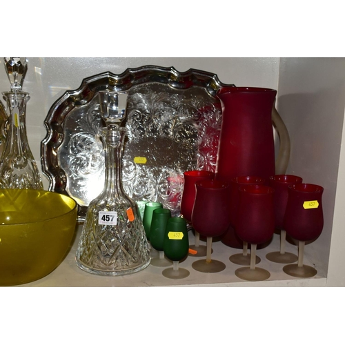 457 - A QUANTITY OF CLEAR AND COLOURED GLASSWARE AND TWO LATE 20TH CENTURY SILVER PLATED TRAYS, including ... 