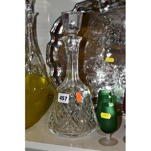 457 - A QUANTITY OF CLEAR AND COLOURED GLASSWARE AND TWO LATE 20TH CENTURY SILVER PLATED TRAYS, including ... 