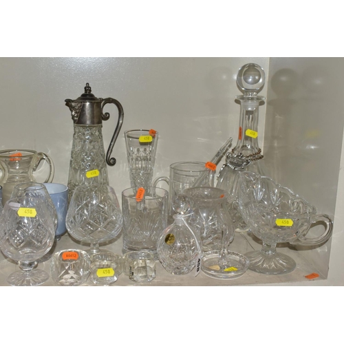 458 - A SMALL QUANTITY OF CLEAR AND COLOURED GLASSWARE, including an Edinburgh Crystal vase, height 25.5cm... 