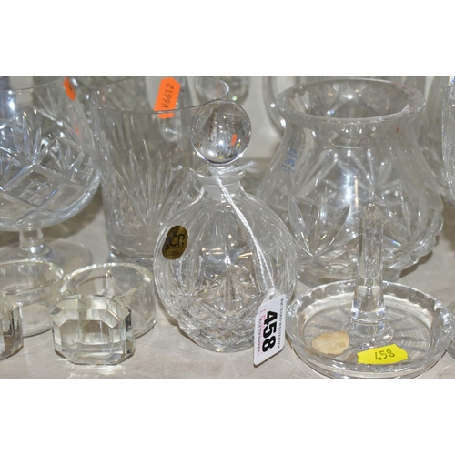 458 - A SMALL QUANTITY OF CLEAR AND COLOURED GLASSWARE, including an Edinburgh Crystal vase, height 25.5cm... 