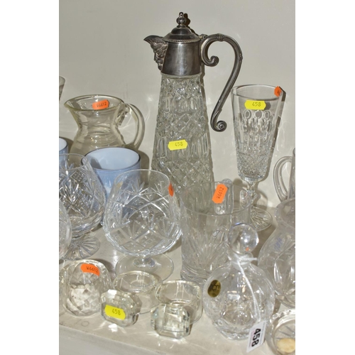 458 - A SMALL QUANTITY OF CLEAR AND COLOURED GLASSWARE, including an Edinburgh Crystal vase, height 25.5cm... 