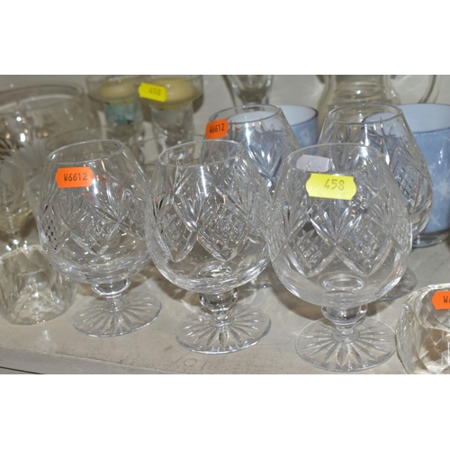 458 - A SMALL QUANTITY OF CLEAR AND COLOURED GLASSWARE, including an Edinburgh Crystal vase, height 25.5cm... 