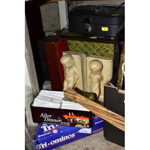 460 - FOUR BOXES AND LOOSE METALWARE, HOUSEHOLD SUNDRIES, OIL LAMP, etc, to include board games, book ends... 