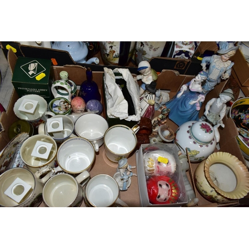 462 - TWO BOXES AND LOOSE ORNAMENTS, VASES, ROYAL COMMEMORATIVES etc, to include Cauldon Ware Prunus patte... 