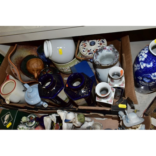 462 - TWO BOXES AND LOOSE ORNAMENTS, VASES, ROYAL COMMEMORATIVES etc, to include Cauldon Ware Prunus patte... 