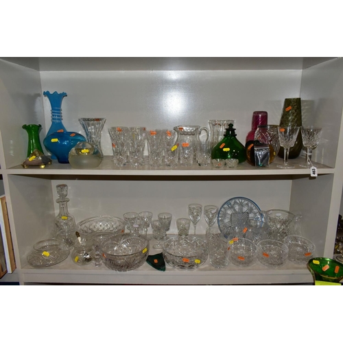 463 - A GROUP OF CUT/COLOURED GLASSWARES, etc, to include a pair of Waterford crystal wines, a Stuart crys... 