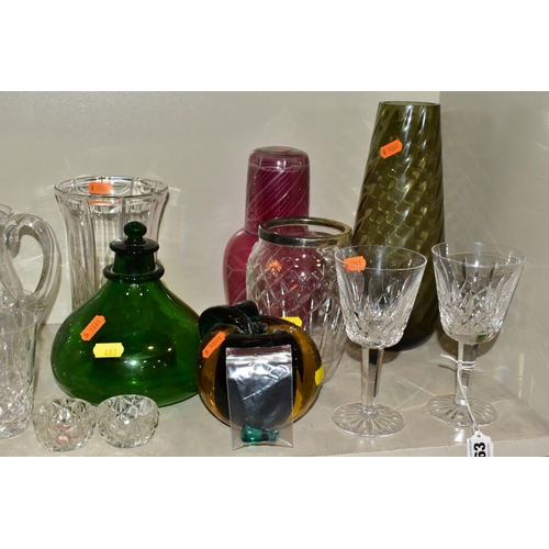 463 - A GROUP OF CUT/COLOURED GLASSWARES, etc, to include a pair of Waterford crystal wines, a Stuart crys... 