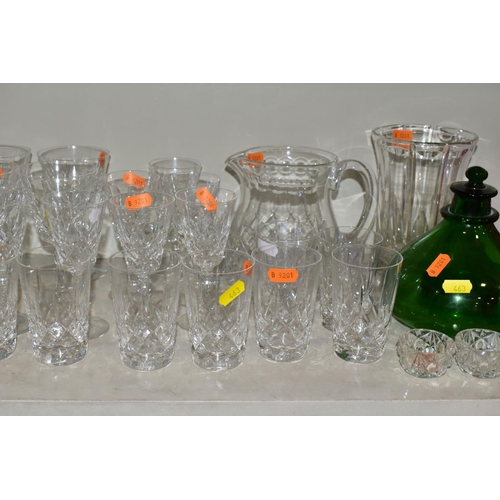 463 - A GROUP OF CUT/COLOURED GLASSWARES, etc, to include a pair of Waterford crystal wines, a Stuart crys... 