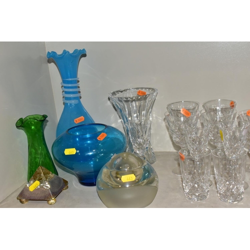 463 - A GROUP OF CUT/COLOURED GLASSWARES, etc, to include a pair of Waterford crystal wines, a Stuart crys... 