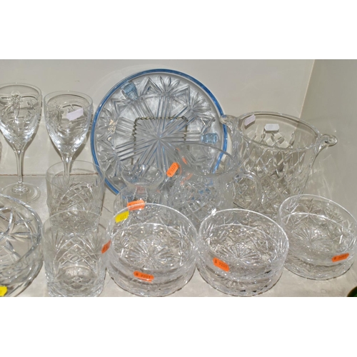 463 - A GROUP OF CUT/COLOURED GLASSWARES, etc, to include a pair of Waterford crystal wines, a Stuart crys... 