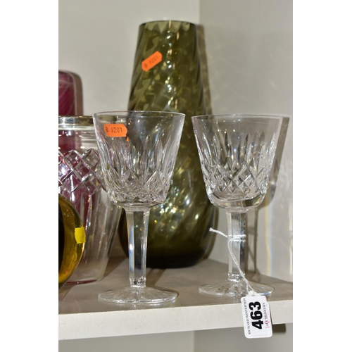 463 - A GROUP OF CUT/COLOURED GLASSWARES, etc, to include a pair of Waterford crystal wines, a Stuart crys... 