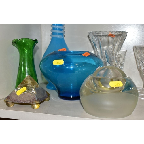 463 - A GROUP OF CUT/COLOURED GLASSWARES, etc, to include a pair of Waterford crystal wines, a Stuart crys... 