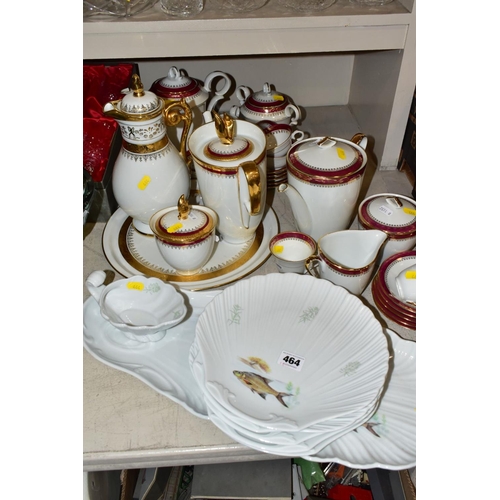 464 - A LIMOGES PORCELAIN FISH SERVICE SET, comprising serving platter and jug and six scalloped shaped pl... 