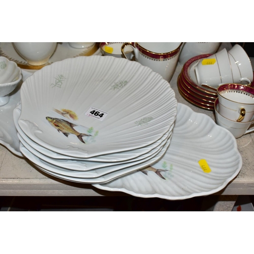 464 - A LIMOGES PORCELAIN FISH SERVICE SET, comprising serving platter and jug and six scalloped shaped pl... 