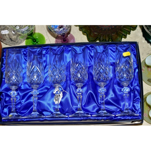 465 - A GROUP OF GLASSWARE, to include boxed Bohemia Crystal flutes (x6), boxed Bohemia Crystal wines (x6)... 