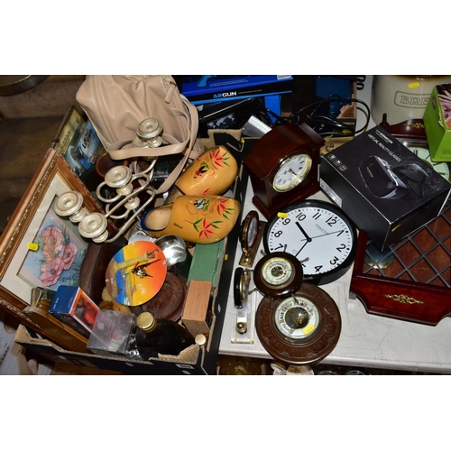 469 - TWO BOXES AND LOOSE SUNDRY ITEMS, to include various clocks (London Clock Company, quartz mantel clo... 