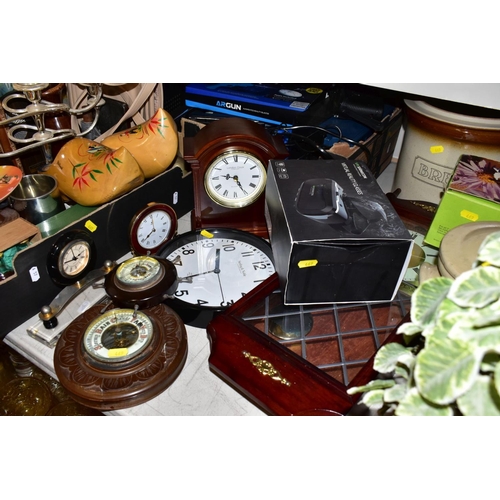 469 - TWO BOXES AND LOOSE SUNDRY ITEMS, to include various clocks (London Clock Company, quartz mantel clo... 