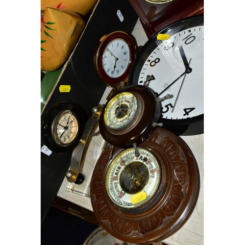 469 - TWO BOXES AND LOOSE SUNDRY ITEMS, to include various clocks (London Clock Company, quartz mantel clo... 