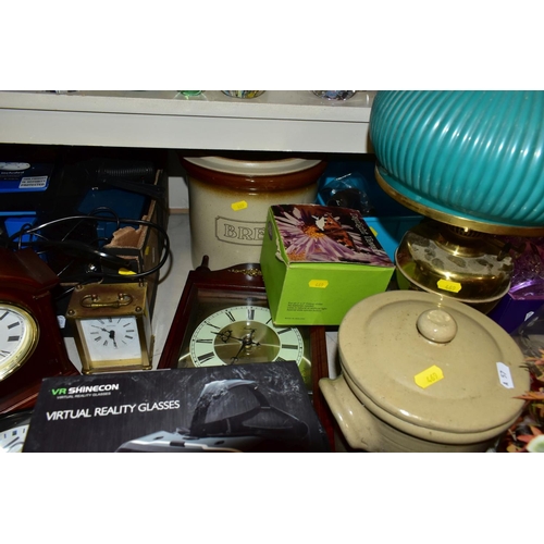 469 - TWO BOXES AND LOOSE SUNDRY ITEMS, to include various clocks (London Clock Company, quartz mantel clo... 