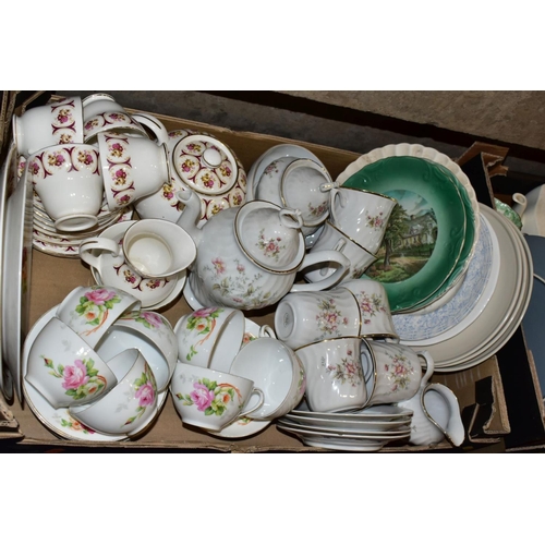 470 - SEVEN BOXES OF TEA/DINNER WARES, GLASSWARES etc, to include a Portmeirion (seconds) part dinner set ... 