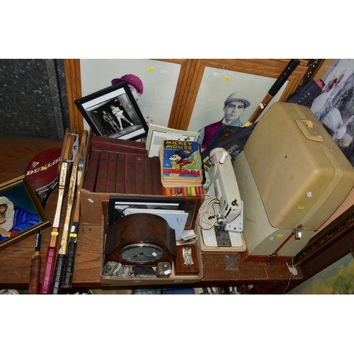 472 - A QUANTITY OF BOOKS, PRINTS, SEWING MACHINES, WOODEN TENNIS RACQUETS, etc, including a 1931 Mickey M... 