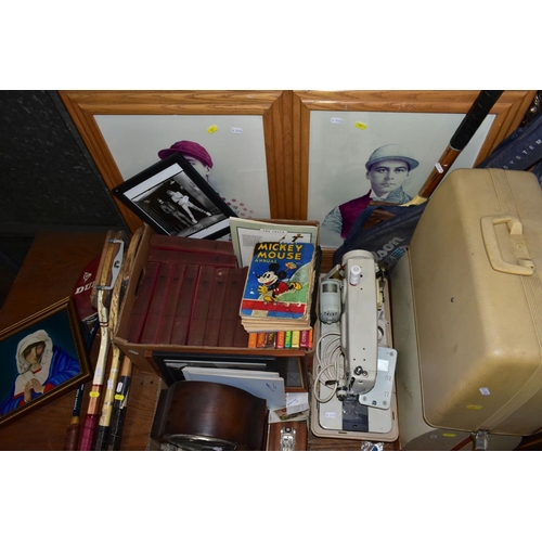 472 - A QUANTITY OF BOOKS, PRINTS, SEWING MACHINES, WOODEN TENNIS RACQUETS, etc, including a 1931 Mickey M... 