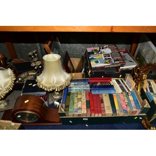 473 - FOUR BOXES AND LOOSE SUNDRY ITEMS etc,to include a Baduf domed topped striking mantle clock, a pair ... 