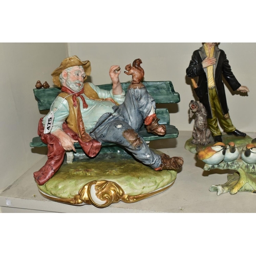 475 - CAPODIMONTE to include a Tramp on a Bench Feeding a Squirrel, modelled by Bruno Merli, approximate h... 