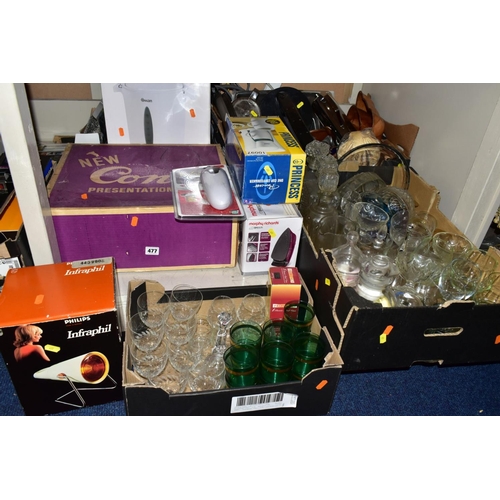 477 - SIX BOXES AND LOOSE SUNDRY ITEM etc, to include a boxed Swan, 8 litre water heater, boxed two portio... 