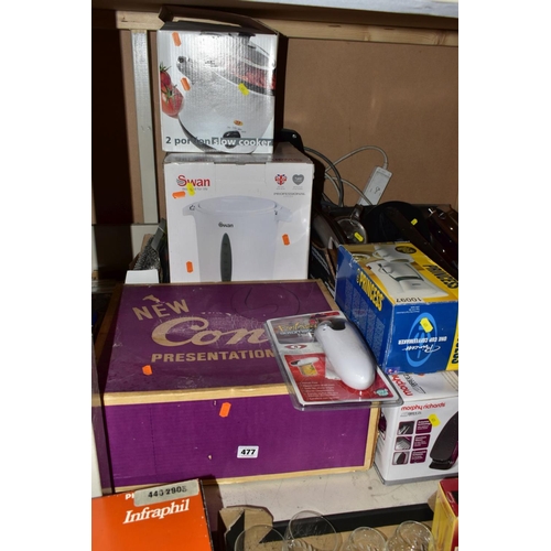 477 - SIX BOXES AND LOOSE SUNDRY ITEM etc, to include a boxed Swan, 8 litre water heater, boxed two portio... 