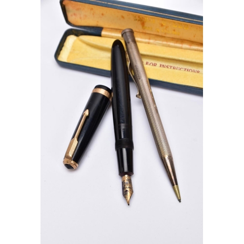 48 - A SILVER PROPELLING PENCIL AND A PARKER FOUNTAIN PEN, the 'Yard O Led' silver pencil of an engine tu... 