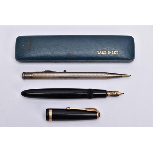 48 - A SILVER PROPELLING PENCIL AND A PARKER FOUNTAIN PEN, the 'Yard O Led' silver pencil of an engine tu... 