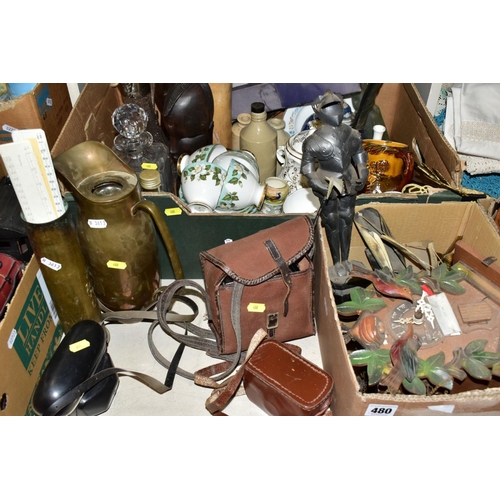 480 - TWO BOXES AND LOOSE SUNDRY ITEMS etc to include Gladstone Montrose teawares, Edinburgh Crystal decan... 