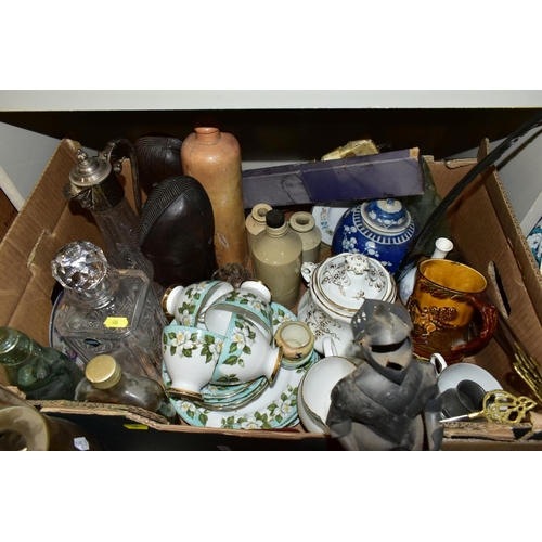 480 - TWO BOXES AND LOOSE SUNDRY ITEMS etc to include Gladstone Montrose teawares, Edinburgh Crystal decan... 