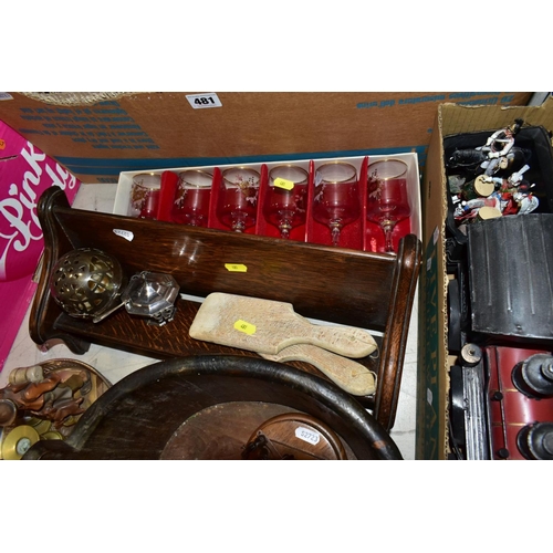 481 - TWO BOXES OF CERAMICS AND SUNDRY ITEMS etc to include three Carlton Ware 2710 tapestry and daisy cup... 