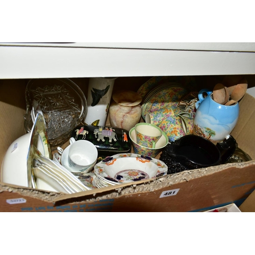 481 - TWO BOXES OF CERAMICS AND SUNDRY ITEMS etc to include three Carlton Ware 2710 tapestry and daisy cup... 