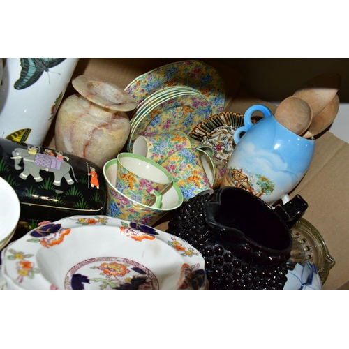 481 - TWO BOXES OF CERAMICS AND SUNDRY ITEMS etc to include three Carlton Ware 2710 tapestry and daisy cup... 