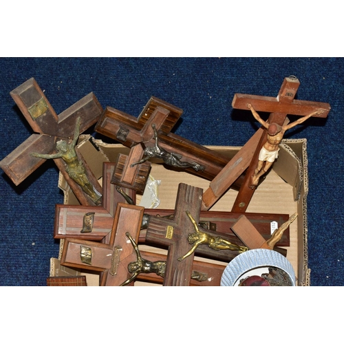 484 - A BOX OF WOODEN CRUCIFIXES, together with rosary beads and religious medallions