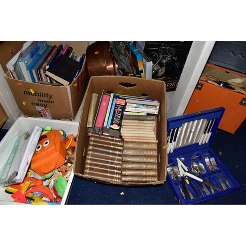 487 - THREE BOXES AND LOOSE SUNDRY ITEMS etc to include a copper twin handled bowl, diameter 38cm, two Apo... 