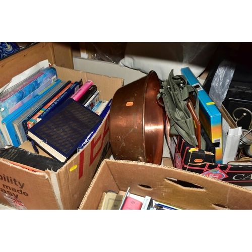 487 - THREE BOXES AND LOOSE SUNDRY ITEMS etc to include a copper twin handled bowl, diameter 38cm, two Apo... 