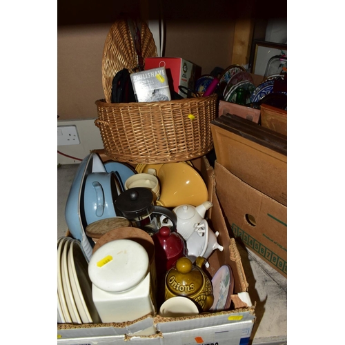 489 - FOUR BOXES, A BASKET AND LOOSE CERAMICS, GLASS, BOOKS, PICTURES, ETC, to include a Clevedon baromete... 