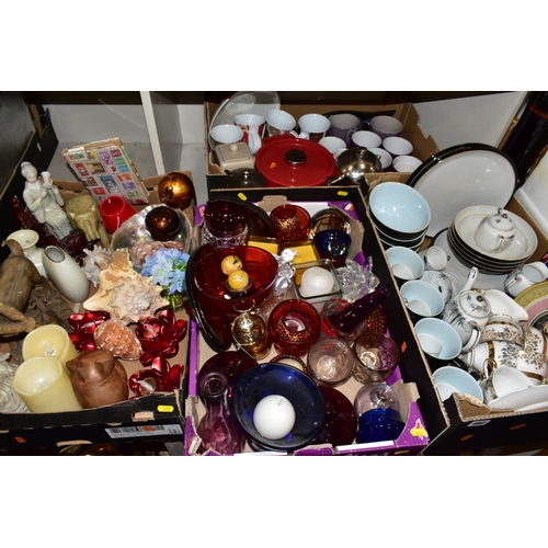 492 - FOUR BOXES OF CERAMICS, GLASSWARES, SUNDRY ITEMS, ETC, to include four Denby everyday bowls, six sim... 