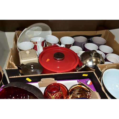 492 - FOUR BOXES OF CERAMICS, GLASSWARES, SUNDRY ITEMS, ETC, to include four Denby everyday bowls, six sim... 