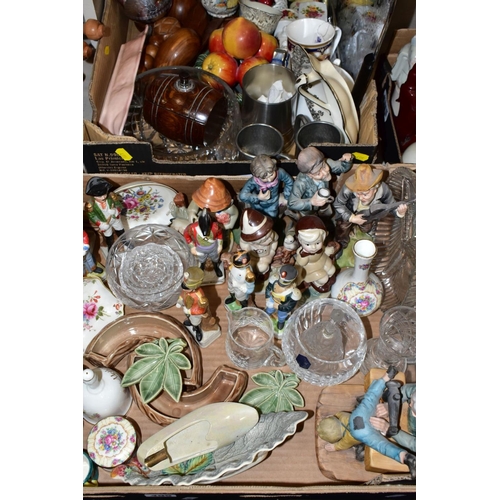 495 - TWO BOXES CERAMICS, GLASS, METALWARES, ETC, to include Wade trinkets, various soldier figures, a Fal... 