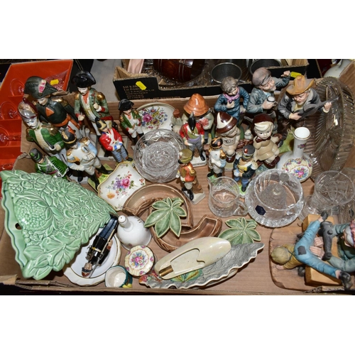 495 - TWO BOXES CERAMICS, GLASS, METALWARES, ETC, to include Wade trinkets, various soldier figures, a Fal... 