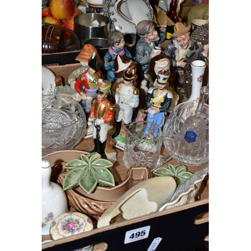 495 - TWO BOXES CERAMICS, GLASS, METALWARES, ETC, to include Wade trinkets, various soldier figures, a Fal... 