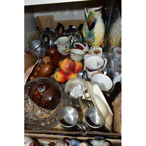 495 - TWO BOXES CERAMICS, GLASS, METALWARES, ETC, to include Wade trinkets, various soldier figures, a Fal... 