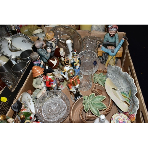 495 - TWO BOXES CERAMICS, GLASS, METALWARES, ETC, to include Wade trinkets, various soldier figures, a Fal... 